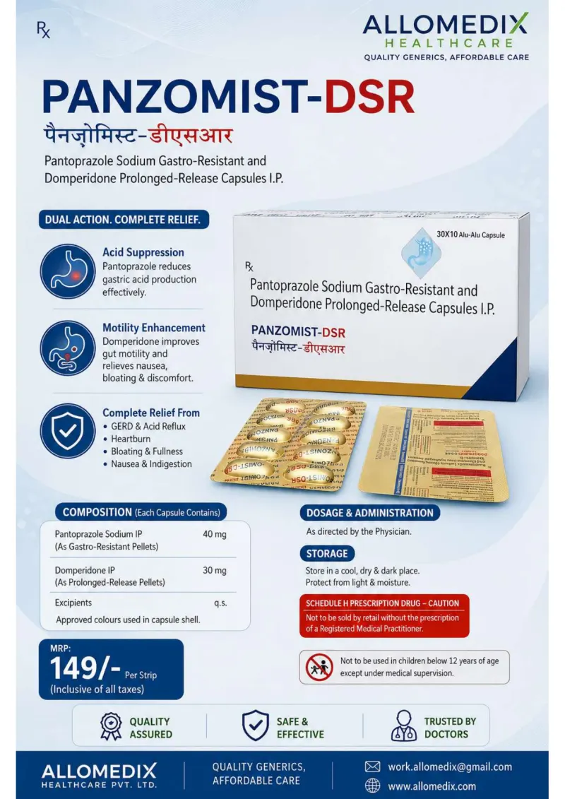 Panzomist DSR product information sheet — Pantoprazole Sodium IP (as gastro-resistant pellets) 40 mg + Domperidone IP (as prolonged-release pellets) 30 mg