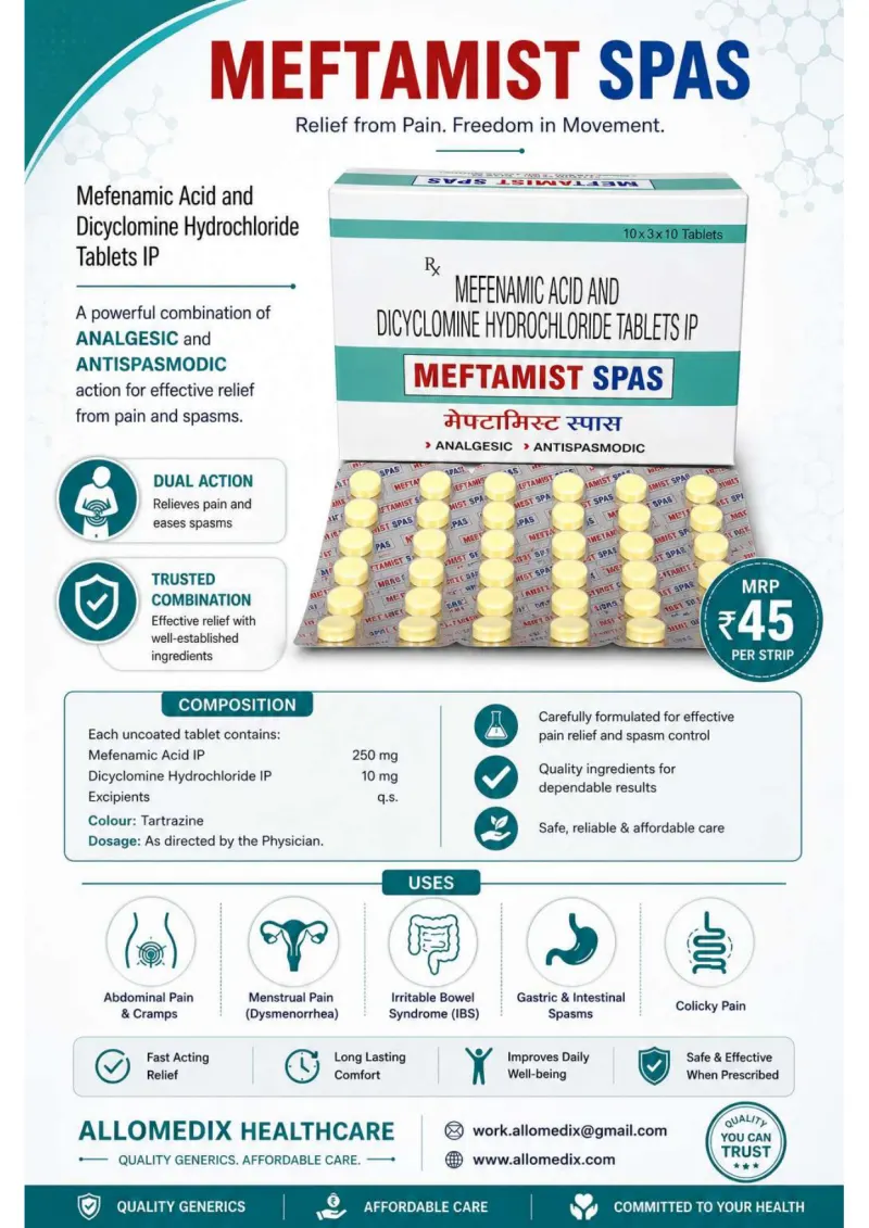 Meftamist Spas product information sheet — Mefenamic Acid IP 250 mg + Dicyclomine Hydrochloride IP 10 mg