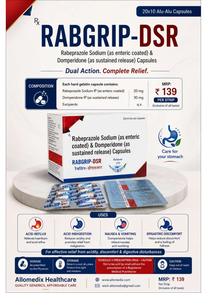 Rabgrip DSR product information sheet — Rabeprazole Sodium IP (as enteric coated) 20 mg + Domperidone IP (as sustained release) 30 mg