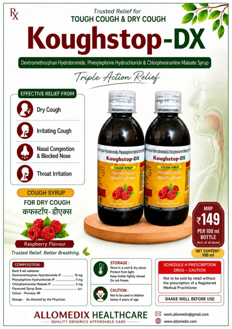 Koughstop DX product information sheet — Dextromethorphan Hydrobromide 15 mg + Phenylephrine Hydrochloride 5 mg + Chlorpheniramine Maleate 2 mg per 5 ml