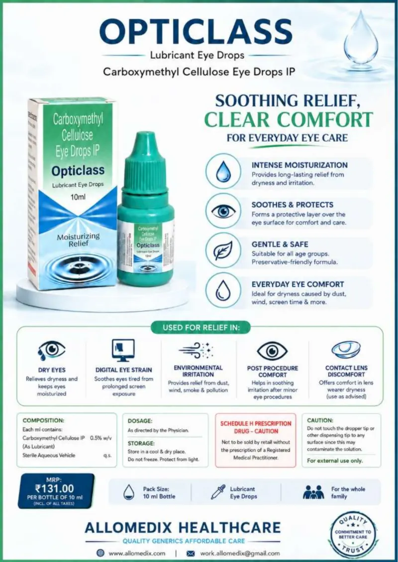 Opticlass Lubricant Eye Drops product information sheet — Carboxymethyl Cellulose IP 0.5% w/v