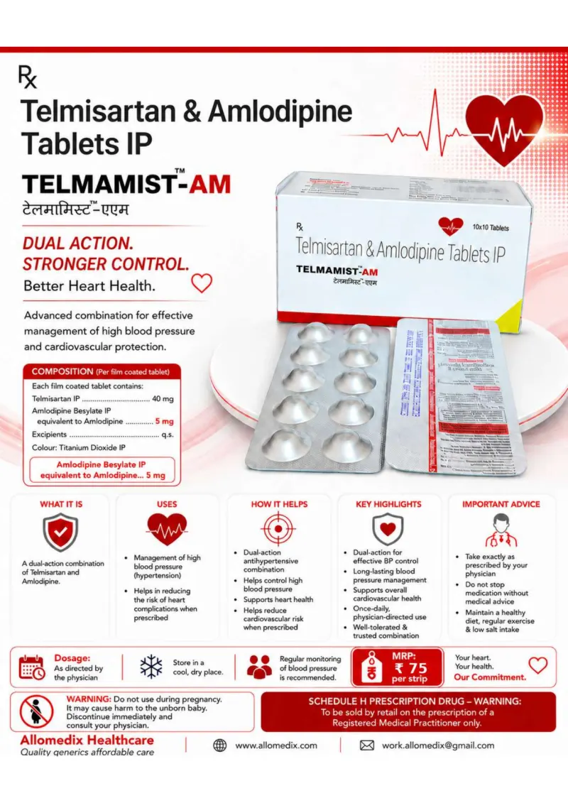 Telmamist-AM product information sheet — Telmisartan IP 40 mg + Amlodipine Besylate IP equivalent to Amlodipine 5 mg