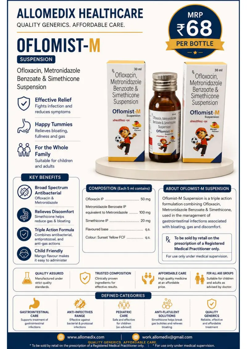 Oflomist M product information sheet — Ofloxacin IP 50 mg + Metronidazole Benzoate IP equivalent to Metronidazole 100 mg + Simethicone IP 20 mg per 5 ml