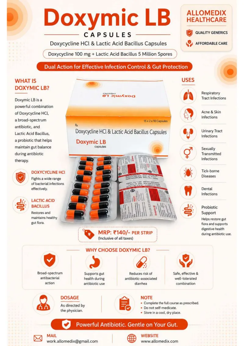 Doxymic LB product information sheet — Doxycycline Hydrochloride 100 mg + Lactic Acid Bacillus 5 million spores