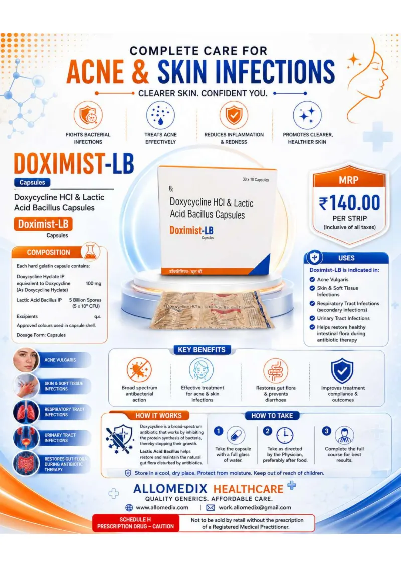 Doximist LB product information sheet — Doxycycline Hyclate IP equivalent to Doxycycline 100 mg + Lactic Acid Bacillus IP 5 billion spores