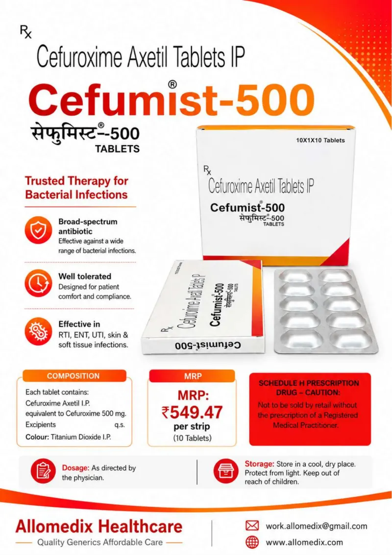 Cefumist 500 product information sheet — Cefuroxime Axetil IP equivalent to Cefuroxime 500 mg