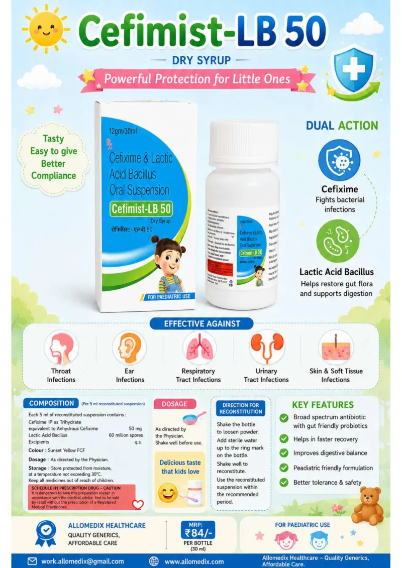 Cefimist LB 50 product information sheet — Cefixime IP (as Trihydrate) equivalent to Anhydrous Cefixime 50 mg + Lactic Acid Bacillus 60 million spores per 5 ml