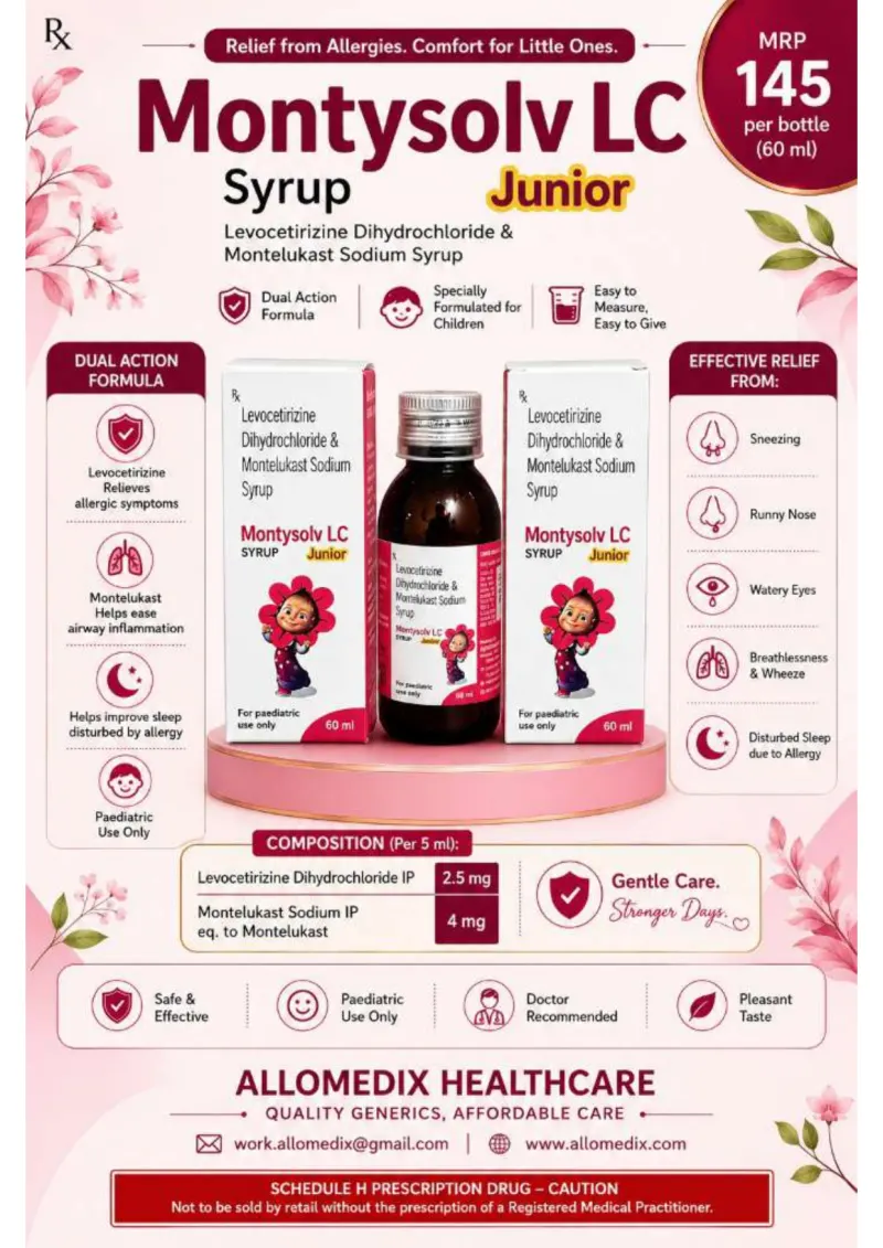 Montysolv LC Junior Syrup product information sheet — Montelukast Sodium IP equivalent to Montelukast 4 mg + Levocetirizine Dihydrochloride IP 2.5 mg per 5 ml