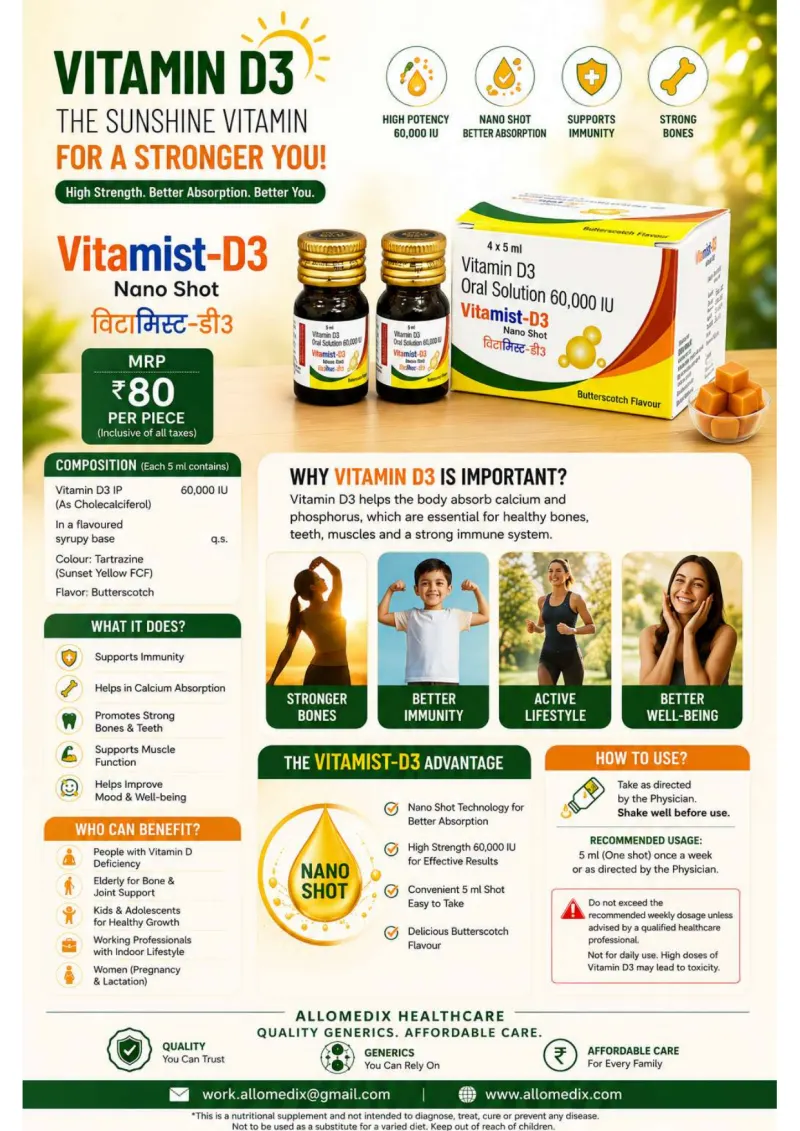 Vitamist D3 Nano Shot product information sheet — Vitamin D3 IP (as Cholecalciferol) 60000 IU per 5 ml