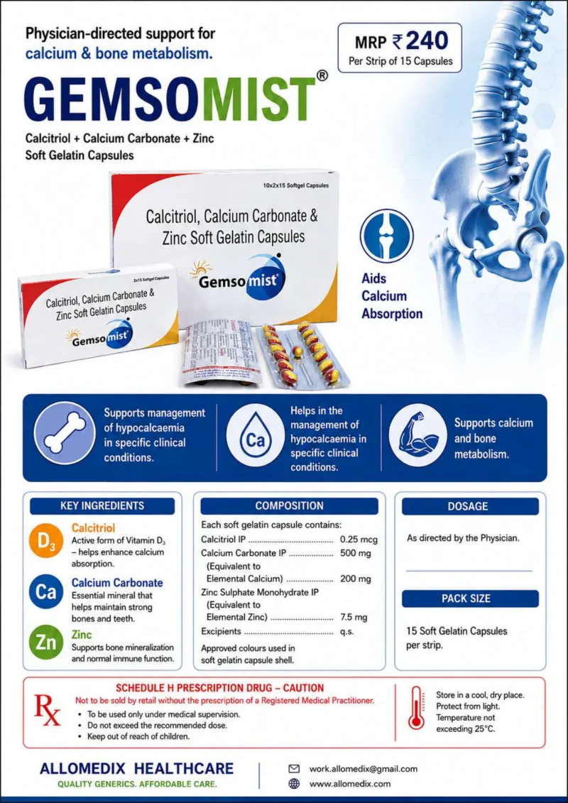Gemsomist Capsule product information sheet — Calcitriol IP 0.25 mcg + Calcium Carbonate IP 500 mg (equivalent to elemental Calcium 200 mg) + Zinc Sulphate Monohydrate IP equivalent to elemental Zinc 7.5 mg